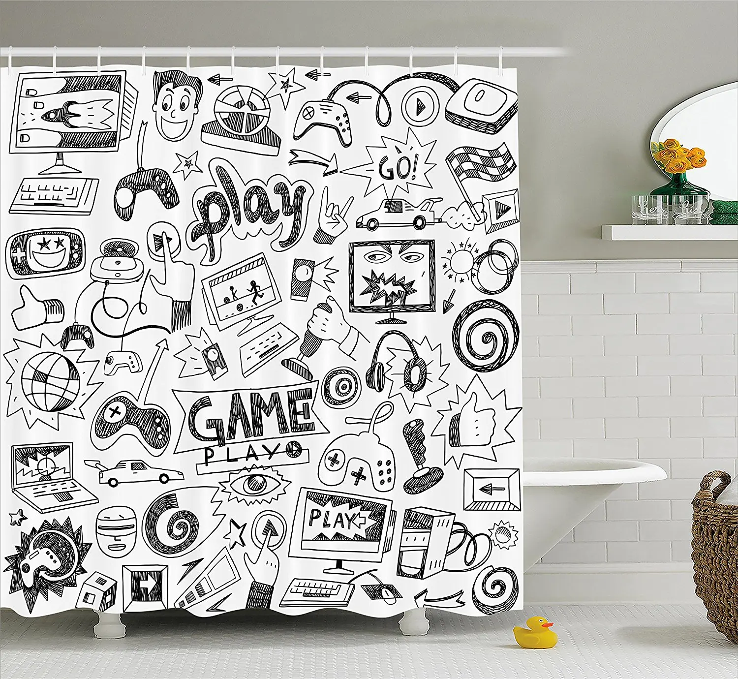 Видео игры душевая занавеска в комплекте черный и белый эскиз стиль Игровой