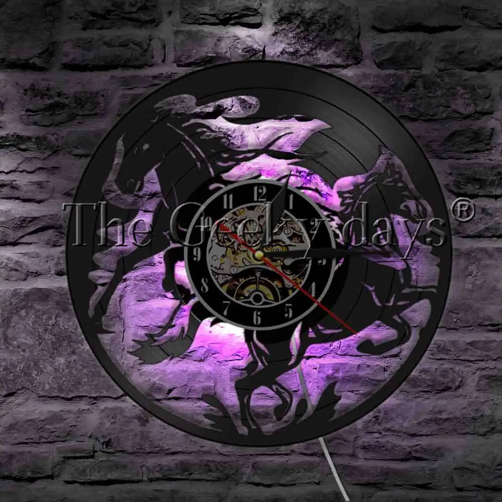  Jumping Horse Wild Horse Vintage Vinyl Record Wall Clock With LED Backlight Running Horses Wildlife LED Wall Lighting