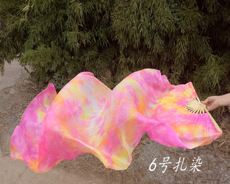 New Tie-dyed Belly Dance real silk Fan Veils for Women long flowy Stage Performance silk Fan 4 sizes