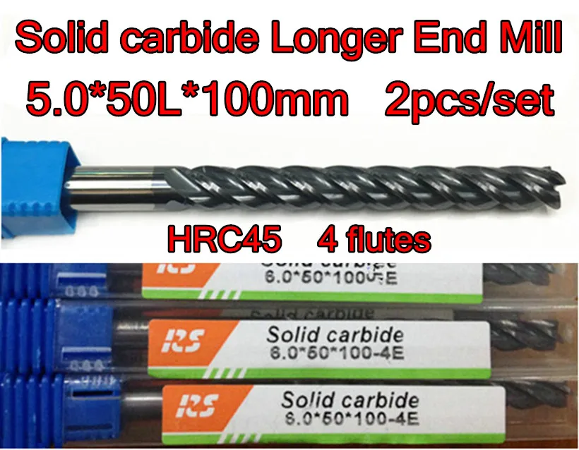 5.0*50L*5D*100mm 2pcs/set HRC45 4flutes Solid carbide Longer End Mill Processing: steel Free shipping | Инструменты