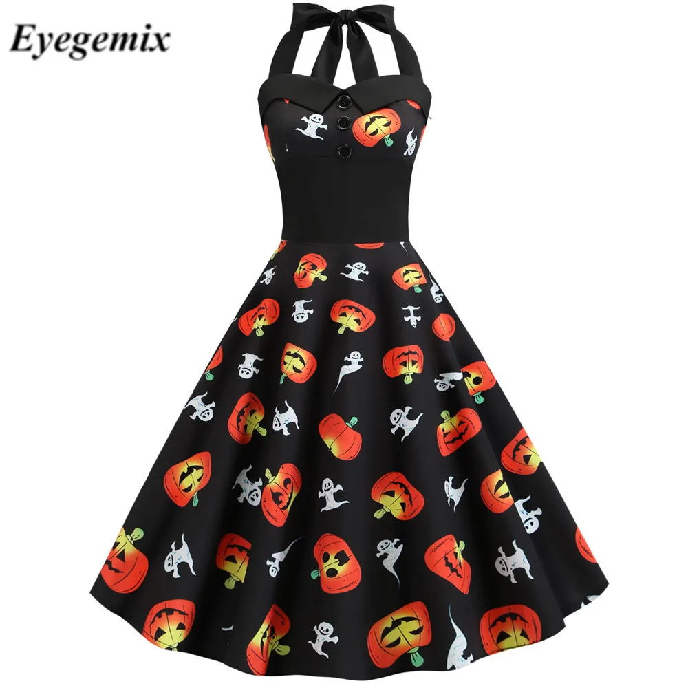 Женское винтажное платье с лямкой на шее черное в стиле ретро пышной юбкой