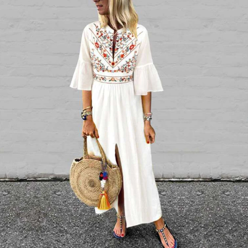 Summer Dress Mid-Sleeve Printed Splicing A-line Casual Elegant Dresses Cotton Ruffle Sleeve V Neck European American White Black | Женская