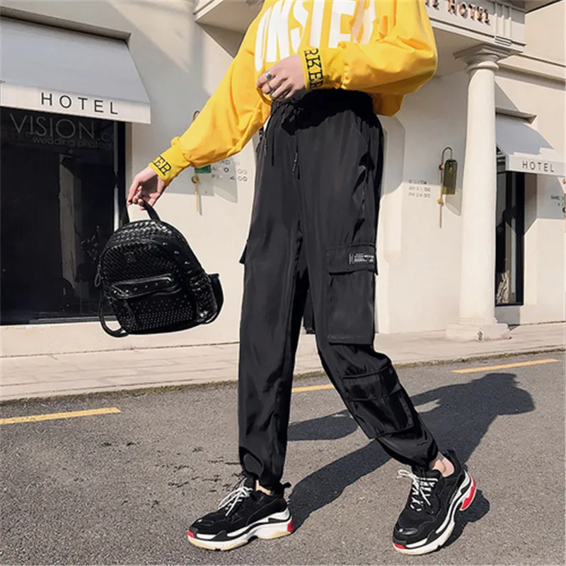 WKOUD Letter Printed Cargo Pants Women Harajuku High Waist Drawstring Streetpants Sexy Fashion Sport Trousers Streetwear P8890 | Женская
