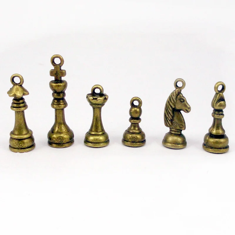 8 комплектов (48 шт)-шармы в шахматы античные бронзовые 3D Подвески виде короны