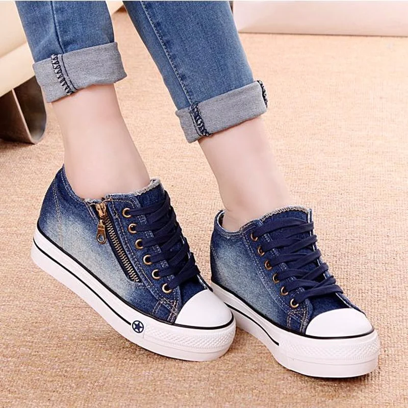 

YeddaMavis Canvas Shoes Side Zipper Vintage Water Wash Denim Women's Casual Shoes Plus Size Women Shoes Autumn Woman Shoe Flats