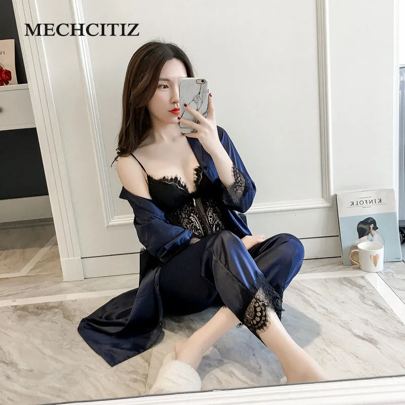 MECHCITIZ 2019 Three Piece Silk Pajamas Sets For Women Robe Sling Pants Stripe Pyjamas Spring Warm Long Sleeve Sleepwear Lounge | Женская