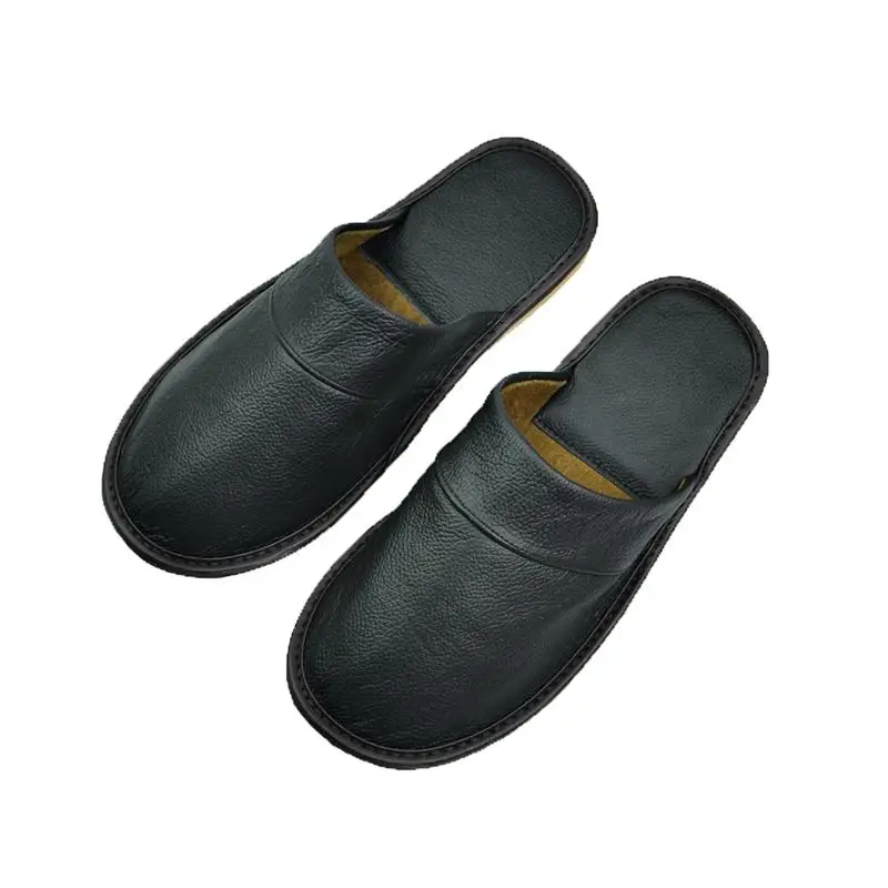 528 Black Genuine Cow Leather slippers couple indoor non-slip men and women home fashion casual single shoes PVC soft soles spring autumn - Color: 528 Black