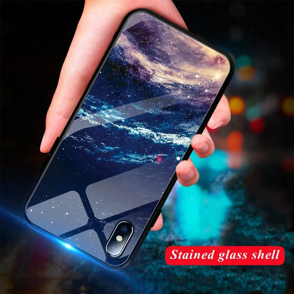 KISSCASE Модный чехол из закаленного стекла для iPhone 7 Plus X XS MAX XR с узором космоса и звезд на задней крышке для моделей 6 6S 8.