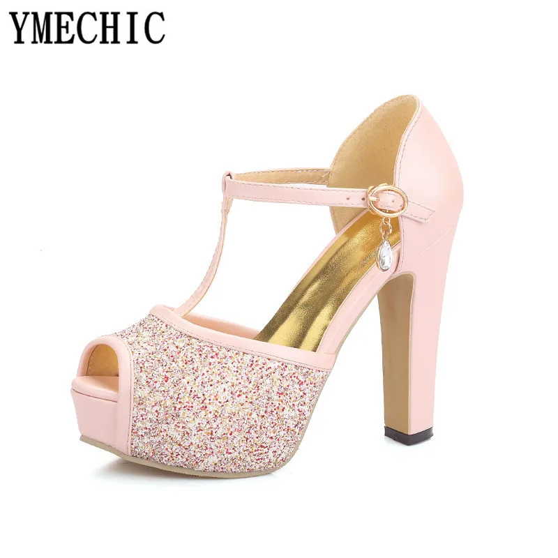 YMECHIC/женские босоножки; сезон лето; коллекция года; Цвет белый; блестящие туфли с Т-образным ремешком на платформе и высоком каблуке; женские свадебные туфли с открытым носком; обувь для невесты размера плюс - Цвет: Розовый