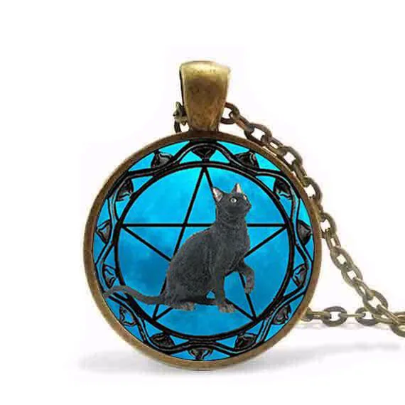 

Black Cat pendant wiccan Necklace collar Wicca Pentagram blue Glass pendant cristal colgante Wicca collar