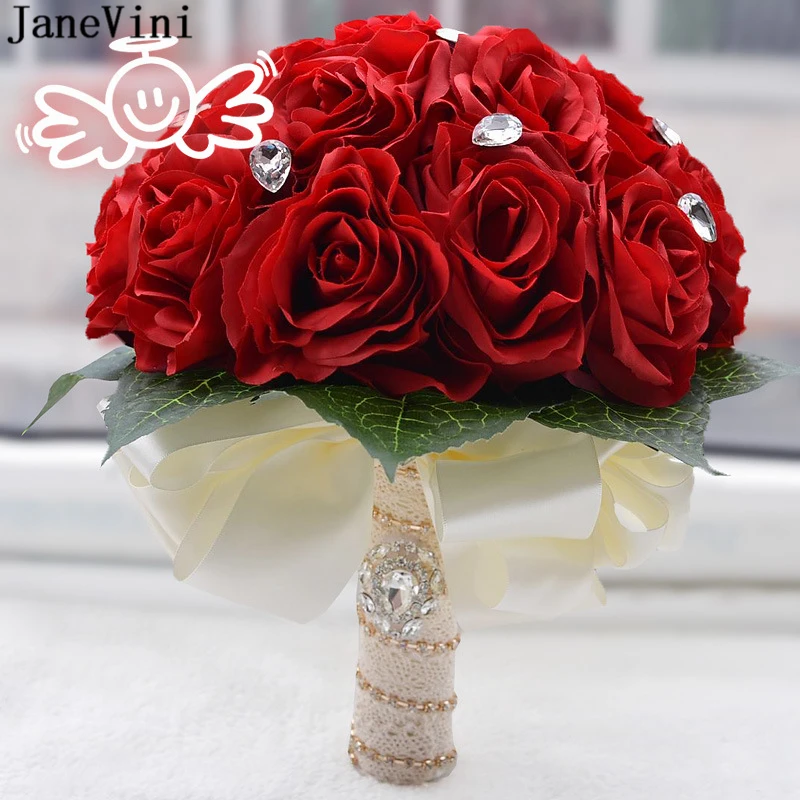 

JaneVini Vintage Red Wedding Bouquets Bridal Flowers with Crystal Artificial Silk Roses Outside Wedding Brooch Bouquet Mariage