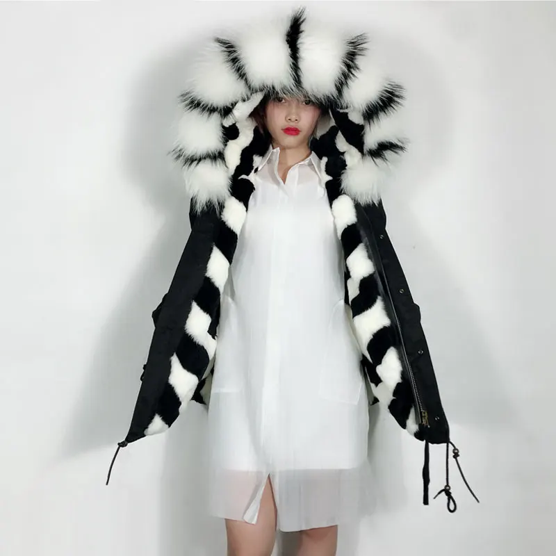 

2018 Winter Polyester Black Jacket Ladies Zebra pattern Liner White and Black Waterproof Fur Parka