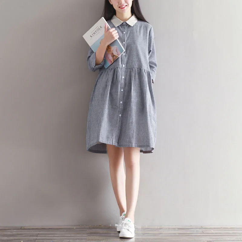 Mori Girl Spring Autumn Striped Dress Pannelled Turn Down Collar Single Breasted Long Sleeve High Waist Pleated Shirt | Женская одежда