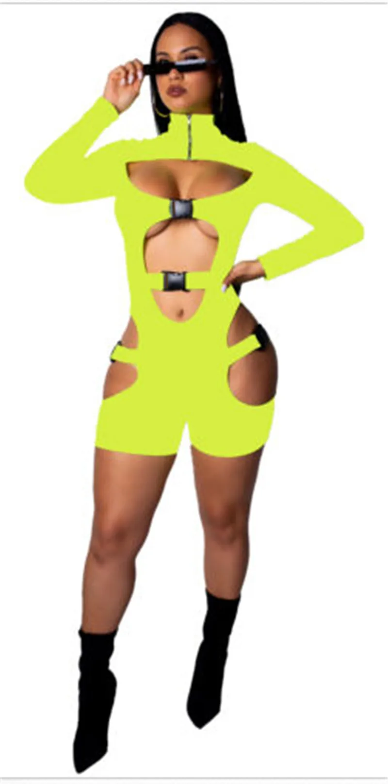 Сексуальный женский выдалбливают Bodycon Babydoll боди пеньюар с длинными рукавами тонкий комбинезон с высоким воротом пижамы цельный комбинезон
