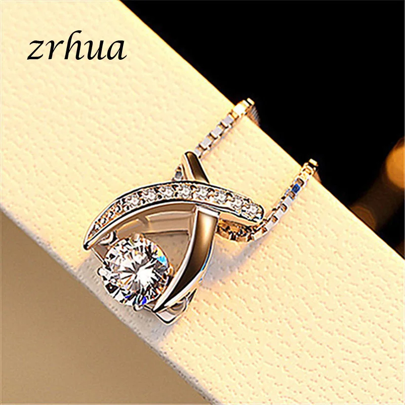 ZRHUA 925 Sterling Silver Necklace Crystal Long Pendant Neckace For Women Gift 45cm Box Chain choker Collares Mujer Female Gifts | Украшения