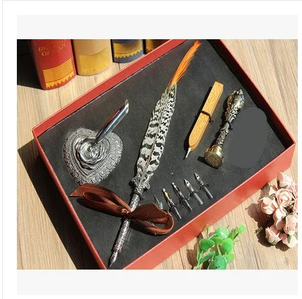 chicken feather Подарочная коробка винтажный металлический изогнутый натуральный набор перьевых ручек с 5 nibs, подставка для ручек, штамп, вощеная ручка для подписи в подарок - Цвет: chicken feather