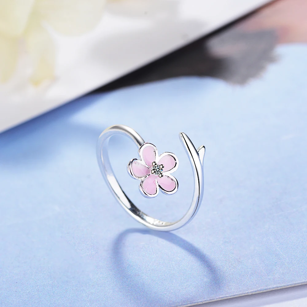 

XIYANIKE Vintage Branch 925 Sterling Silver Pink Cherry Blossom Simple Sweet Flower Rings For Women Opening Adjustable VRS2001