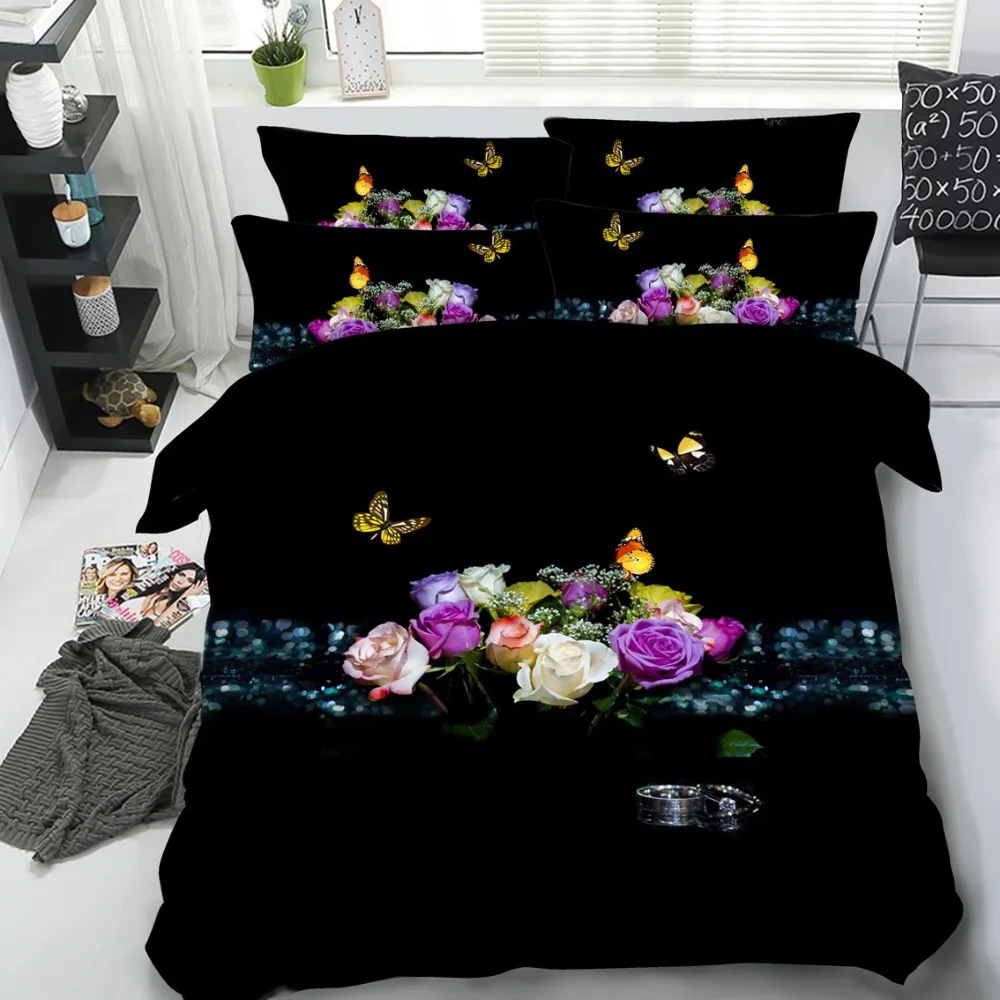 

Goldeny 4 Parts Per Set Butterflies and Wedding Bouquet of Roses 3d Bedding