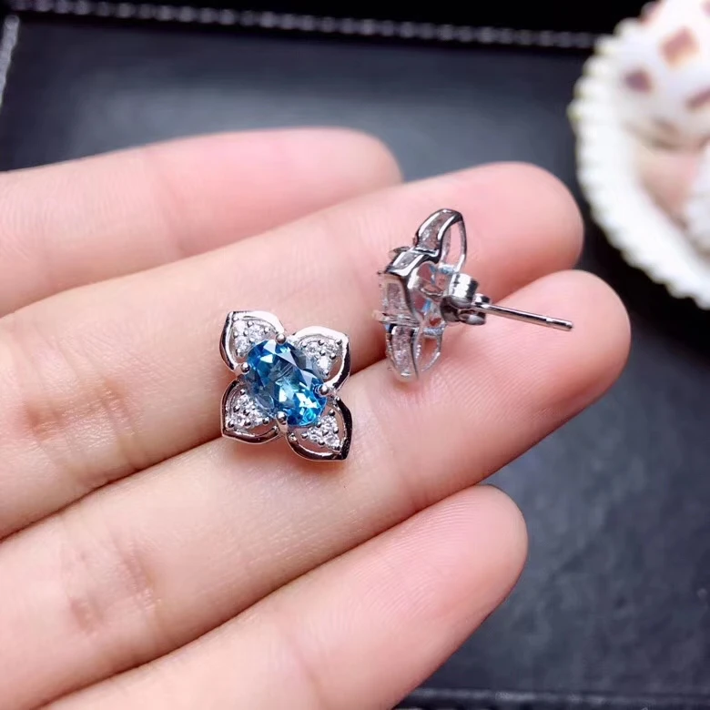 

Natural blue topaz stud earrings 925 silver natural gemstone earrings Elegant lovely Stars Flower girl party gift jewelry