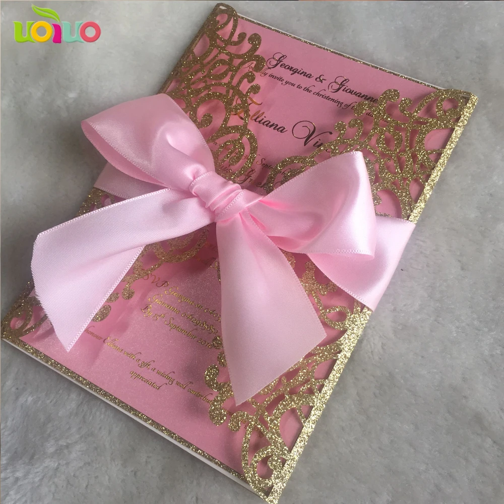 

Wedding Invitation Card,25pc Laser Cut Party glitter light gold Birthday Invitations Card,customize ribbon buckle