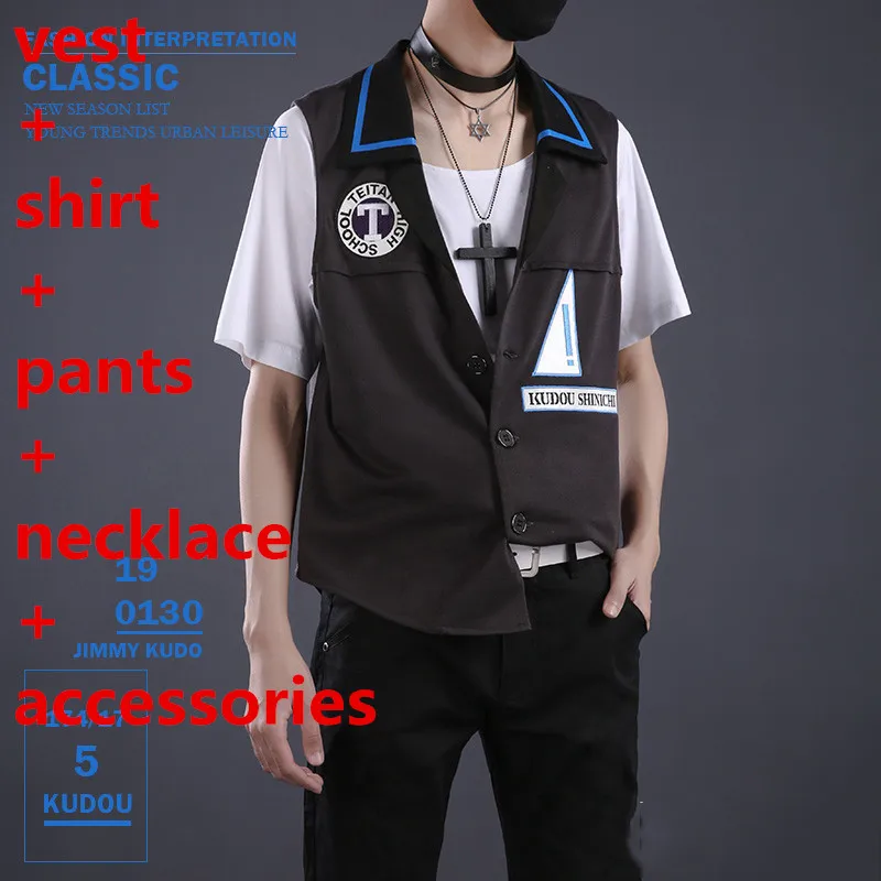 shirt vest pants Аниме Детектив Конан Шиничи Кудо Косплэй костюм Детектив Конан Джимми Кудо пальто, жилет, кофта, штаны, полный набор парик Для мужчин, костюм для мальчиков - Цвет: shirt vest pants