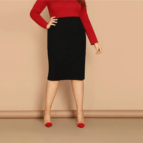 SHEIN Однотонная Юбка Размера Плюс Женская Черная Элегантная Миди-Юбка - Цвет: Черный
