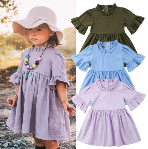 2018 New Summer Baby Kids Girl Flare Sleeve Dress Princess Girls Party Casual Holiday Beach Solid Sundress Clothes | Детская одежда и