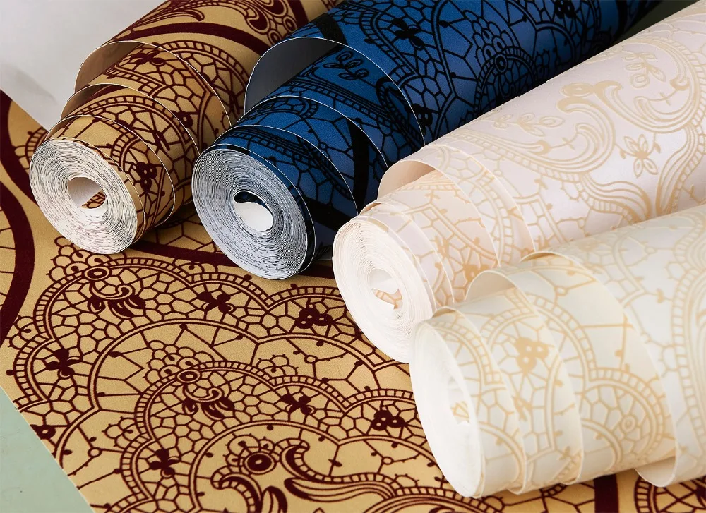 Новая дизайнерская синяя таинственная бумага дамасская бархатная ткань из флока