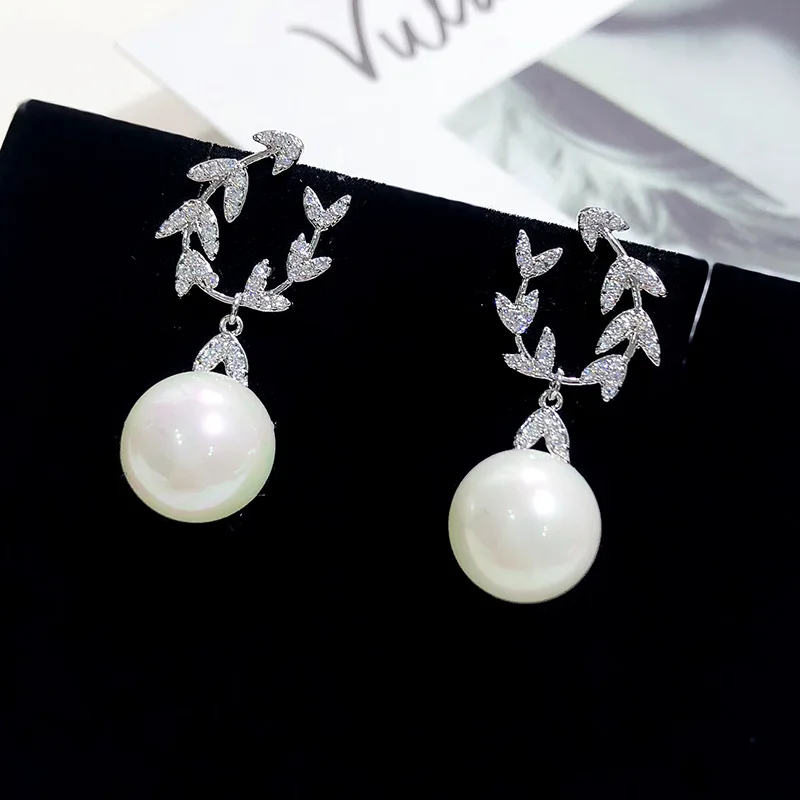 SWOUR New Fashion Jewelry 925 Silver Needle CZ Crystal Leaf Olive Branch Pearl Design Dangle Earrings For Women S433 | Украшения и