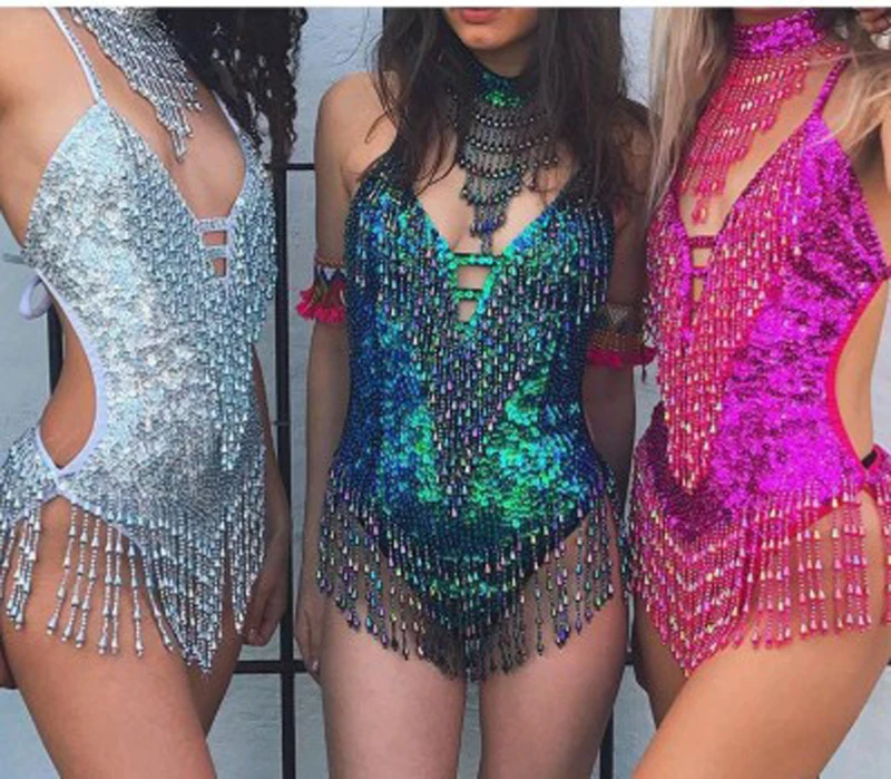 

2019 backless Sequins bodysuit women Bodycon Jumpsuit Romper sexy tassel body feminino Elegant beachwear macacao feminino