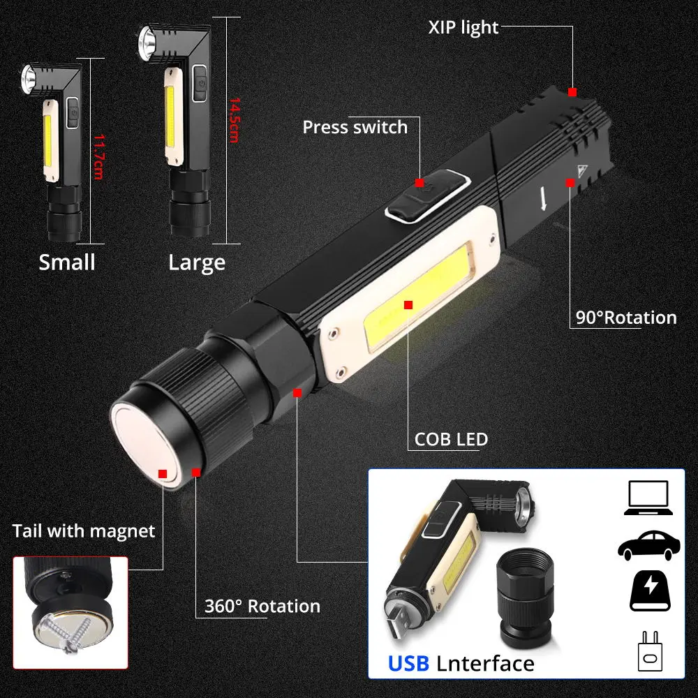 Светодиодный фонарик ультра яркий водонепроницаемый COB свет USB Перезаряжаемый
