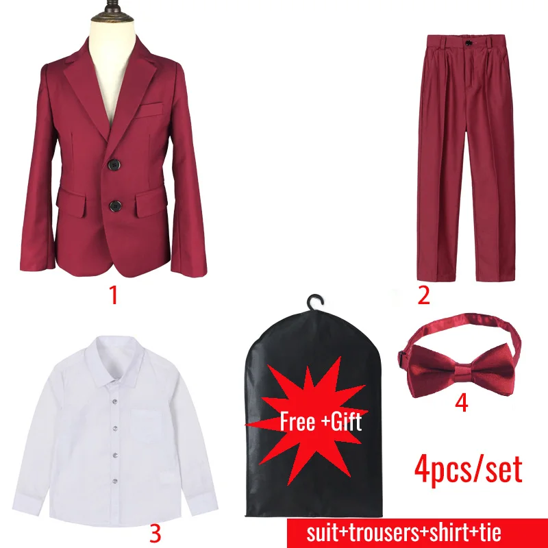 Red 4pcs Брендовый деловой костюм с цветочным узором для мальчиков; свадебное студенческое платье; джентльменская Детская куртка; жилет; брюки; костюмы для церемонии с галстуком-бабочкой - Цвет: Red 4pcs