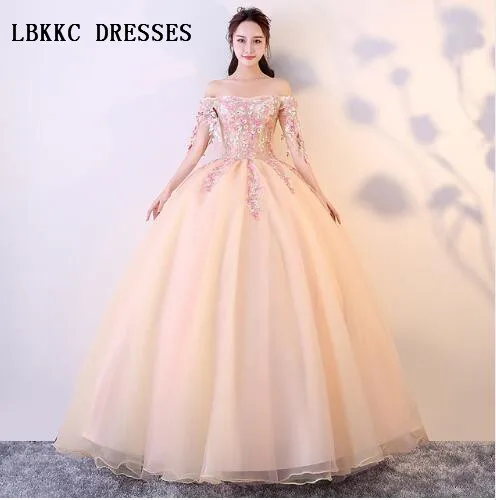 

Peach Champagne Quinceanera Dresses Tulle Lace Sweetheart Ball Gown Vestidos De 15 Anos Prom Gown