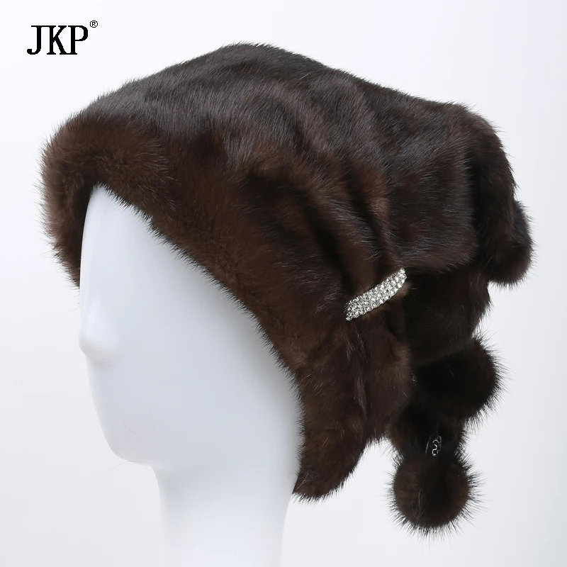

Real Mink fur hat for women winter fur hat with Rhinestone Brown beanie mink cap