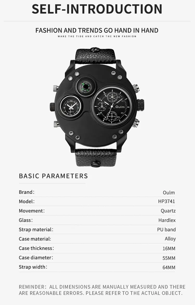 OULM Outdoor Sports Watch Men Quartz Double Time Zone Display Black Leather Strap Big Size Case Top Brand Luxury Wristwatches | Наручные