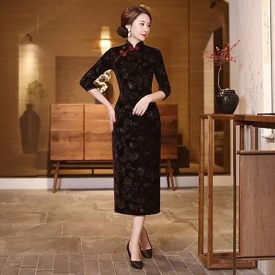 Black velvet long Sheng Coco Восточное бархатное платье Чонсам с китайским принтом Qipao элегантное эластичное бархатное платье-корсет Классический Qipao Китай 4XL - Цвет: Black velvet long