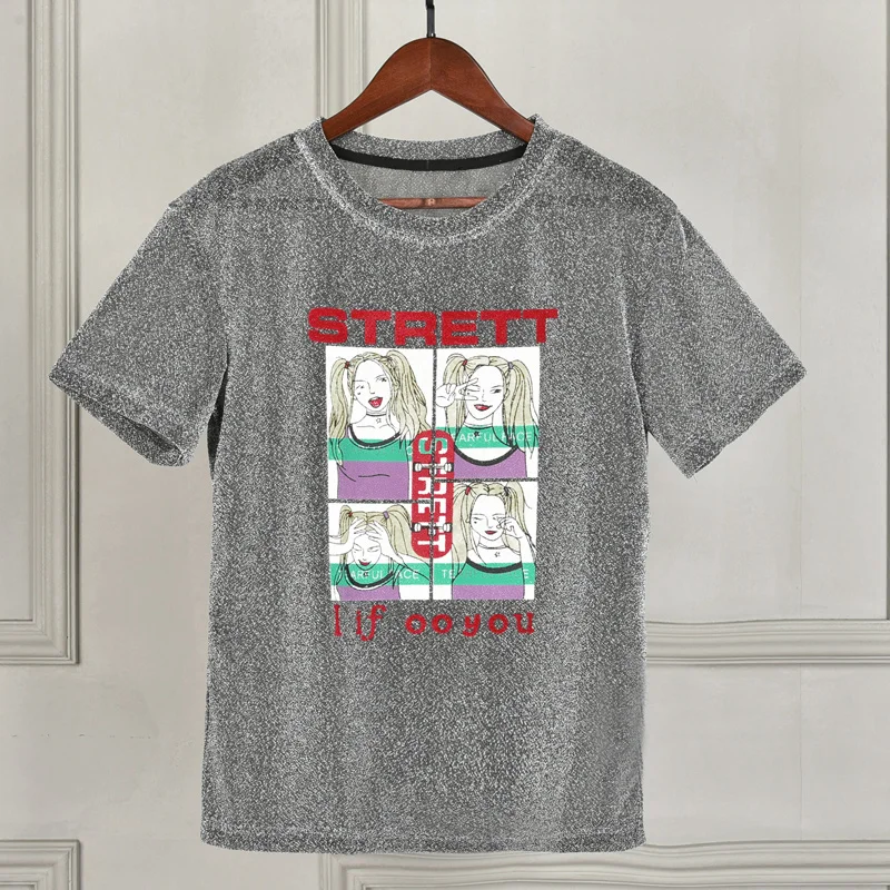 Модные новые дизайнерские женские футболки для подиума 2018 летние блестящие