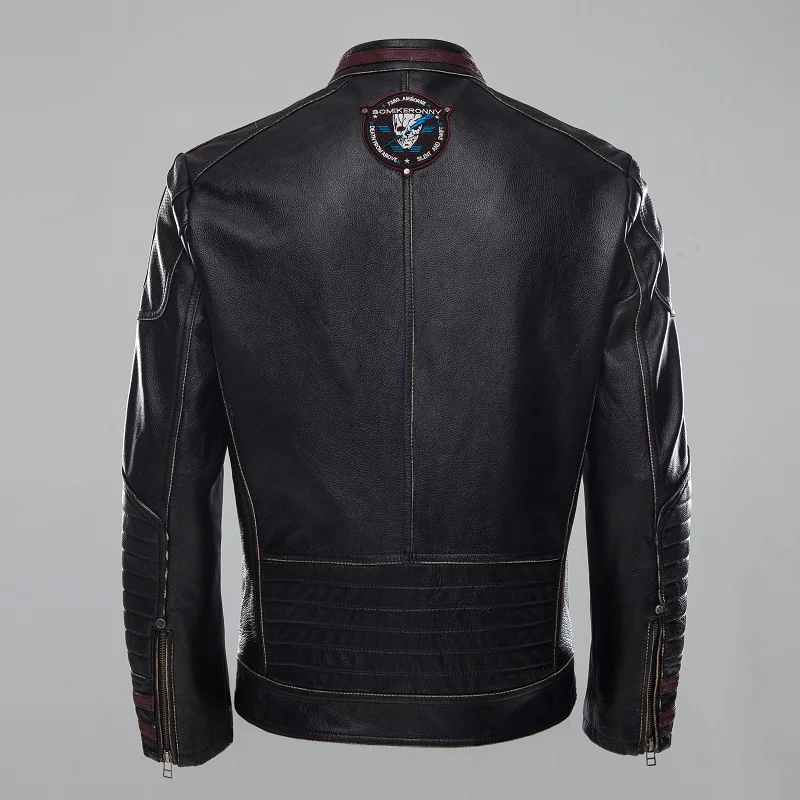 

Vintage Black Motorcycle Genuine Leather Clothing Cow Skin Motorcycle Suit, Retro Embroidery Mans Genuine Leather Jacket