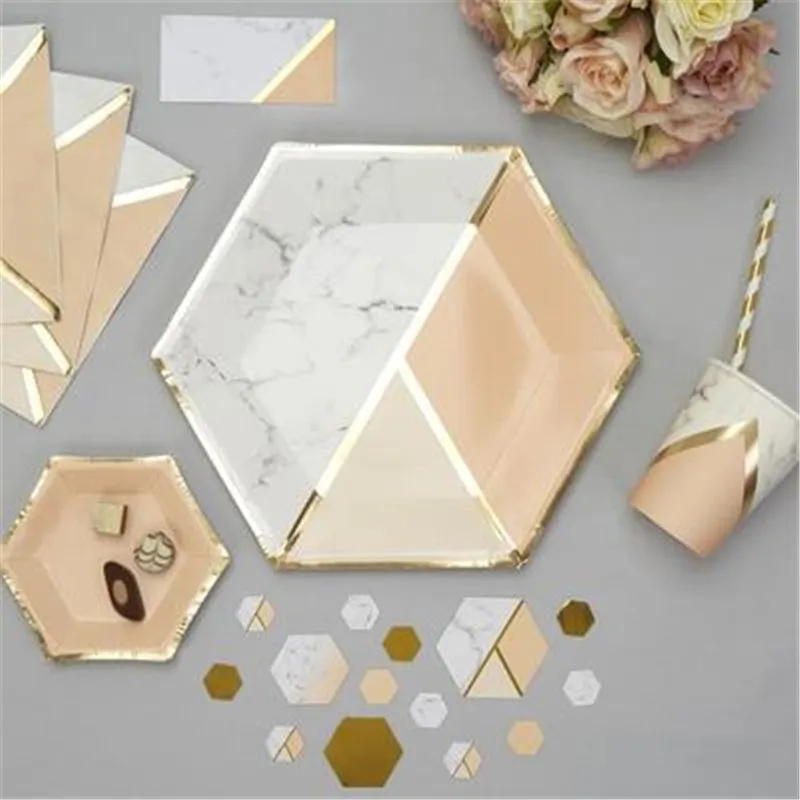 Blush Peach Disposable Tableware Foil Gold Paper Cup/ Marble Plates Napkins Table Decoration Wedding/Birthday/Party Supplies | Дом и сад