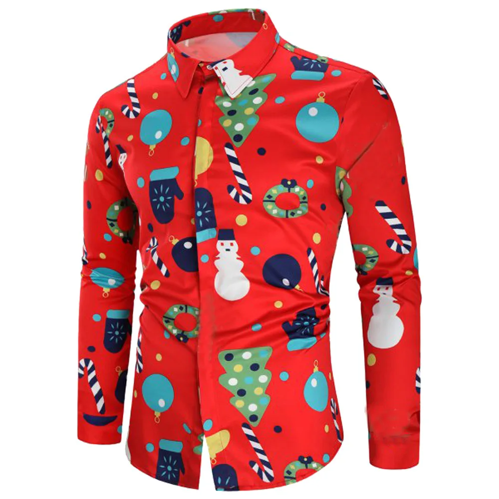 2018 Christmas Shirts Men Long Sleeve Turn-down Shirt Casual Slim Fit Print | Мужская одежда