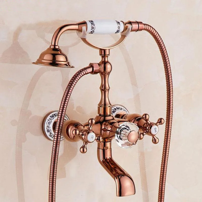 Rose gold Смеситель для ванной настенный латунный Смеситель для ванной кран с ручным душевым керамическим основанием с двойной ручкой Золотой набор для душа и ванной - Цвет: Rose gold