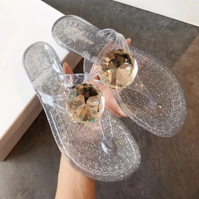 Clear Slippers Модные прозрачные женские шлепанцы из пвх; большой цветной камень; прозрачные сандалии на плоской подошве; женские пляжные сандалии; вьетнамки - Цвет: Clear Slippers