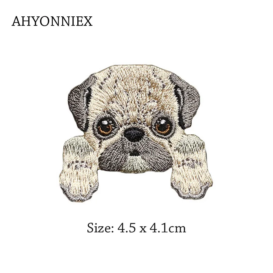 Small pug head 1 шт. мопса нашивки в форме собак для одежды Железная вышитая аппликация для шитья Милая нашивка эмблема на ткани DIY аксессуары для одежды - Цвет: Small pug head