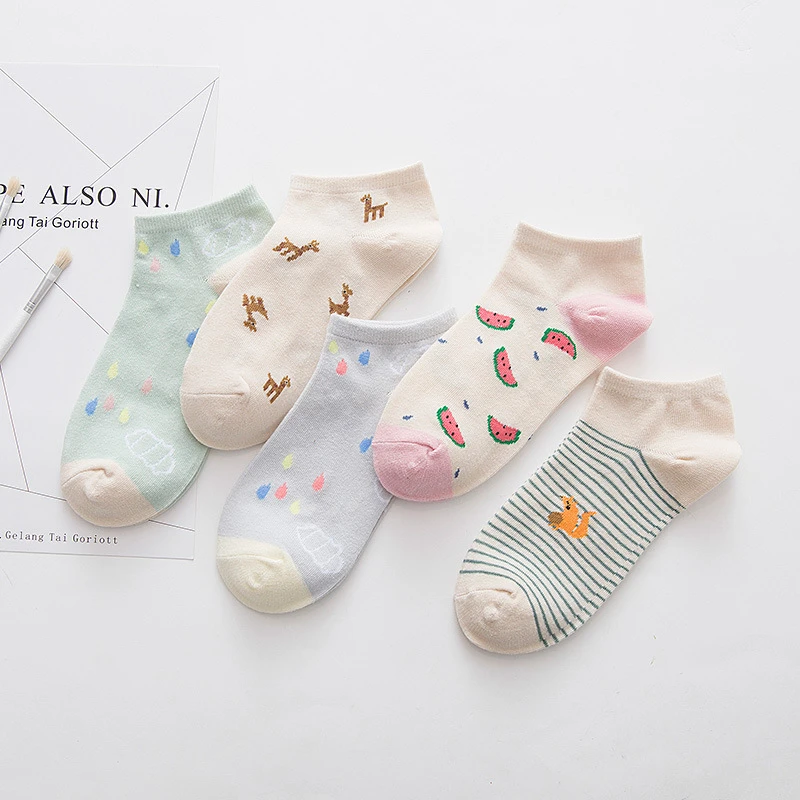 

[WPLOIKJD] 5pair Invisible Sock Women Novelty Fruit Animal Cotton Creative Ankle Socks Harajuku Low Ankle Socks Girls
