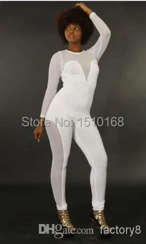 Novidades Vestidos Women Sexy Mesh Patchword White/Black Jumpsuit Bobycon Evening Club Party 2014 Summer High Street Bandage Cas |