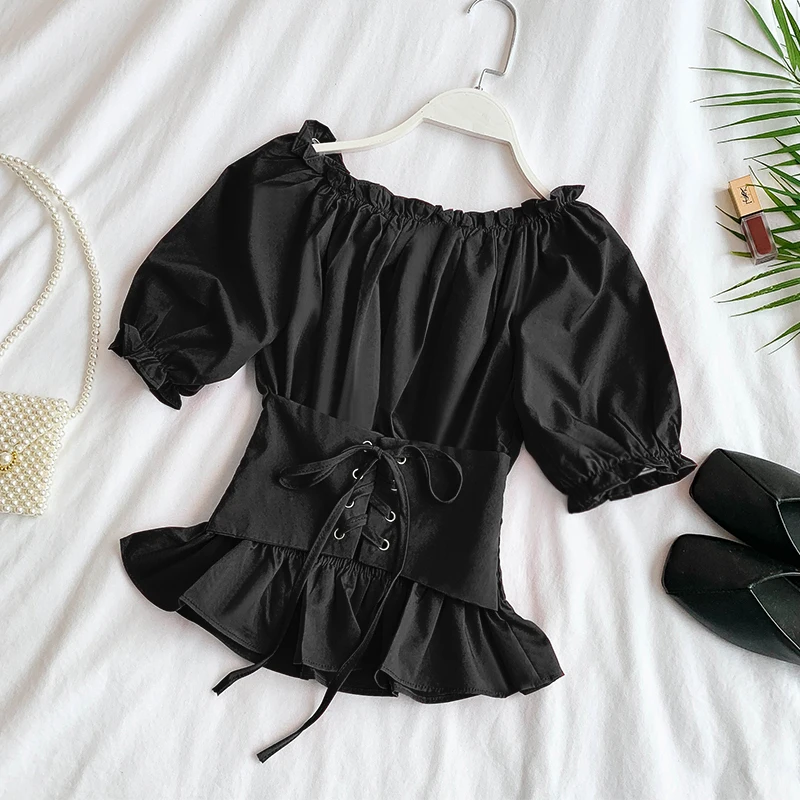 OCEANLOVE Solid Puff Sleeve Short Blouse Women Slash Neck Off Shoulder Top Shirt 2020 Summer Belt Lace Up Korean Blusas 11890 |
