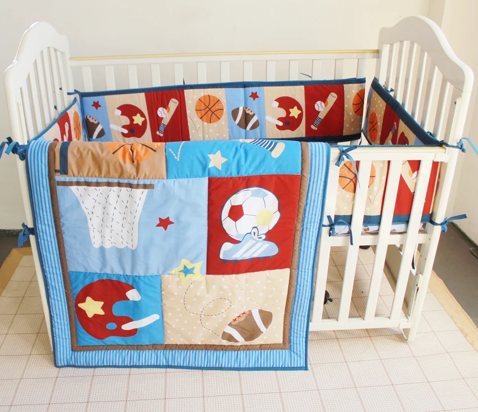 

3PCS embroidery Sports Baby Cot Bedding kit berço Embroidery Crib Bedding Set Quilt ,include(bumper+duvet+bed cover)