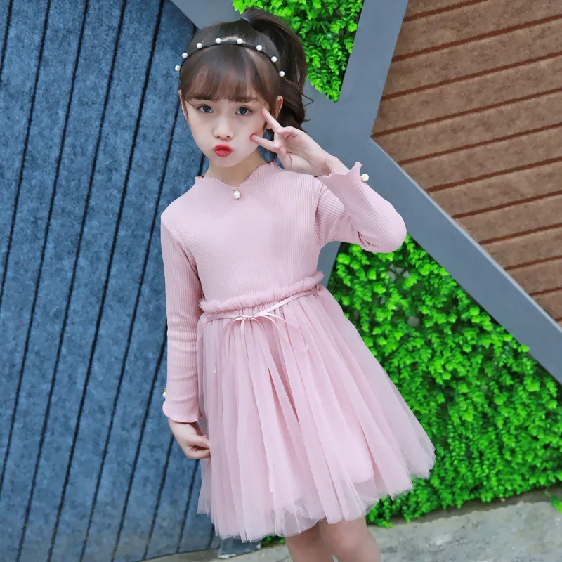 Rlyaeiz Girls Dresses Ball Gown Dress 2019 Spring Autumn Knit Cotton Mesh Patchwork Party Princess Kids Clothes | Детская одежда и