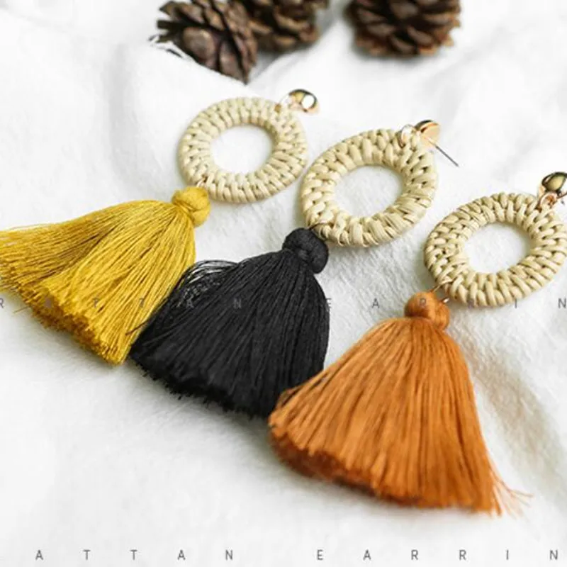 

Fashion Straw Weave Braid Drop Long Tassels Rattan Knit Vine Earrings For Women one pair y12244