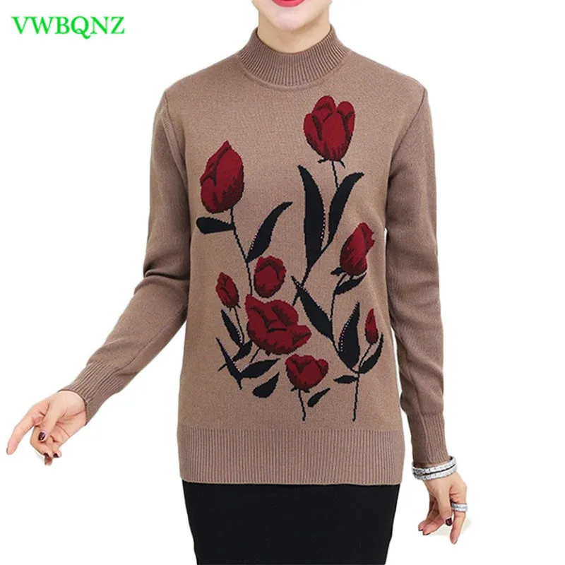 Autumn Winter Warm Pullovers Sweater Middle-Aged Women Flower Printed Wool Sweaters Female Noble Plus size Knitting shirt A681 | Женская